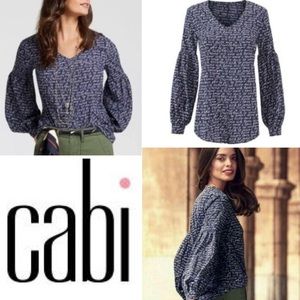 CAbi 5336 Te Amo Print Blouse Blue Long Puff Balloon Sleeve Pullover Boho Medium